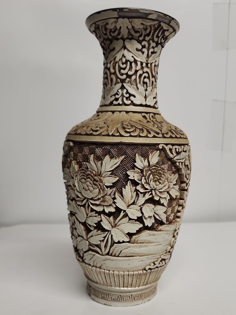 Vintage Distressed Cinnabar Dynasty Carved Floral Vase in Cream & Brown Stunning